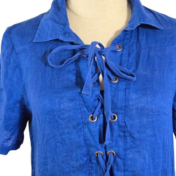 Maeve Anthropologie Blue Linen Lace Up Mini Dress Or Beach Cover Up - Picture 2 of 7